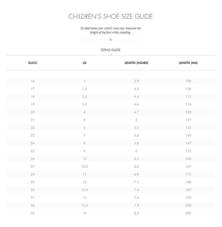 gucci kids shoes size chart