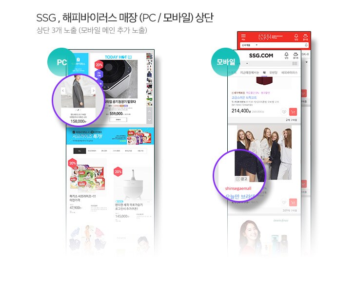 SSG, 신세계몰 해피바이러스 매장(PC/모바일) 상단 : 요일별로 노출되는 위치가 상이합니다.(월요일:오늘의 특가 상단, 화~일: 주특 상단)